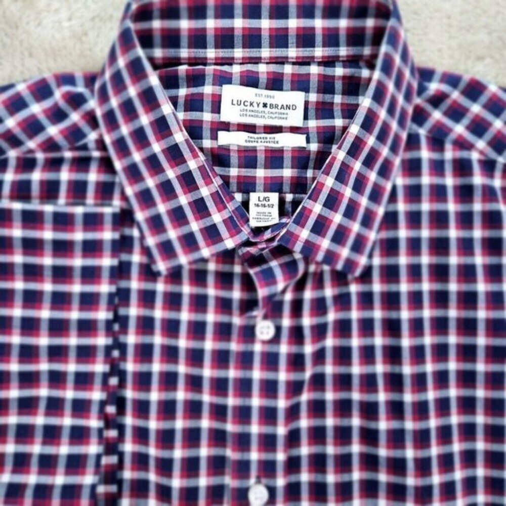 Lucky Brand Button-Down Shirt Tailored Fit Multicolor Plaid Short Sleeve Size L